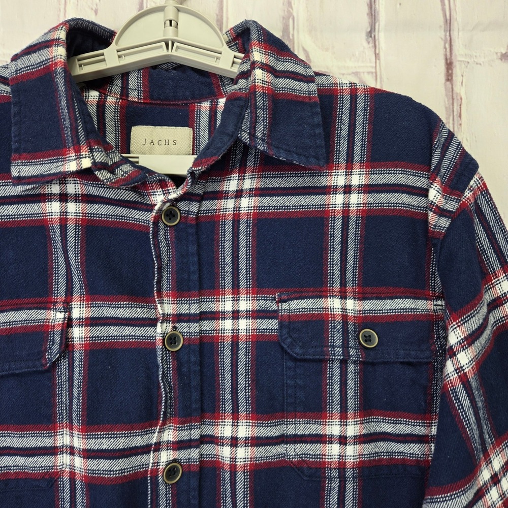 Jachs NY Mens Flannel Shirt Large Navy Blue Red White Plaid Button‎ Down Cotton